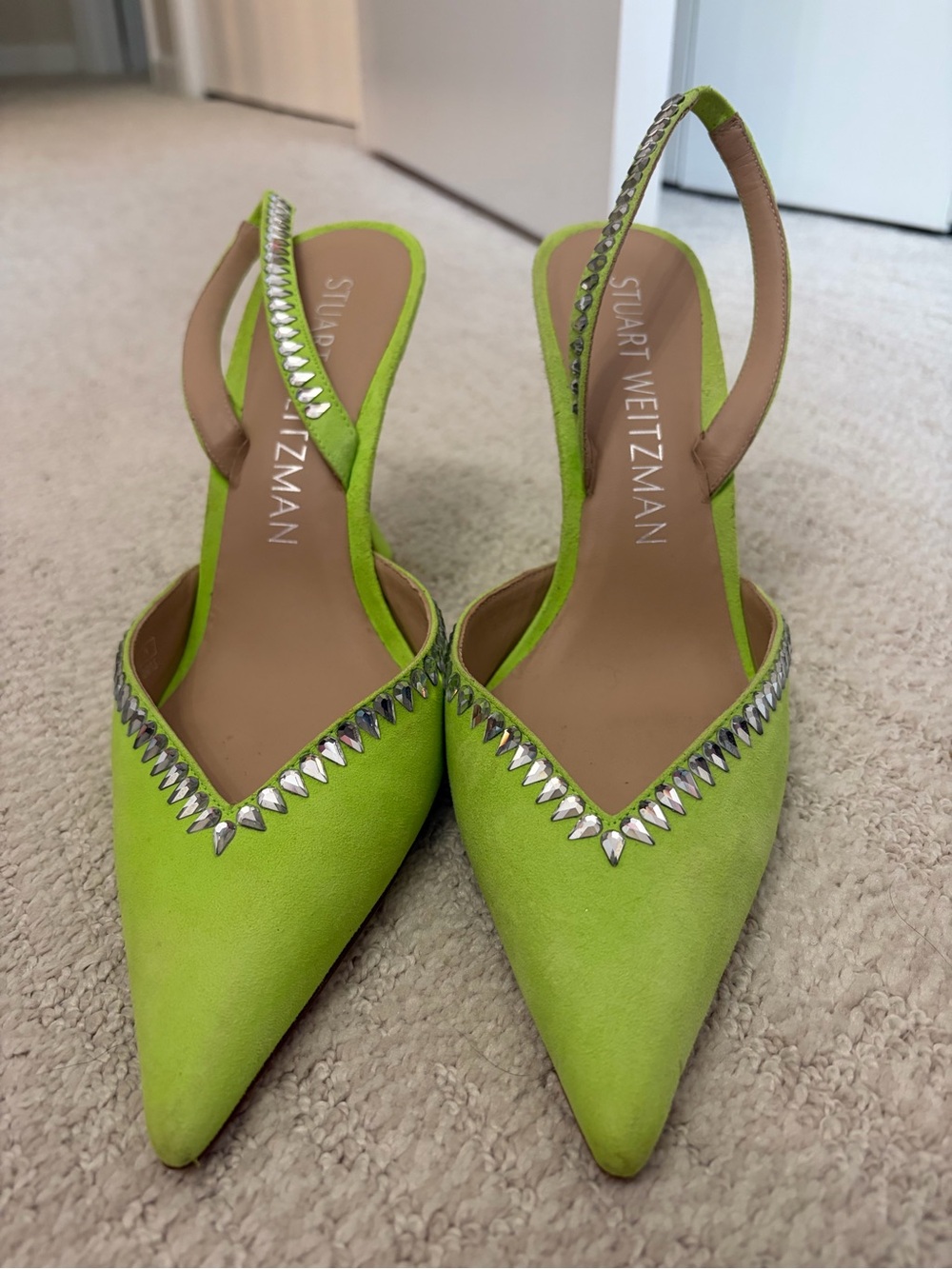 Stuart Weitzman Lime Green Pointed Slingback Pumps with Silver Stud Trim